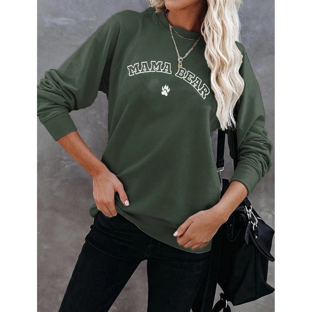 J0176-Mama Bear Sweatshirt Hunter Green Raglan Sleeve Graphic Pullover Small - Picture 2 of 6